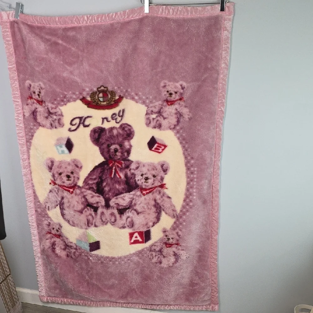 Vintage Plush Soft Reversible Pink Teddy Bear Blanket Nursery Baby Girl KY
